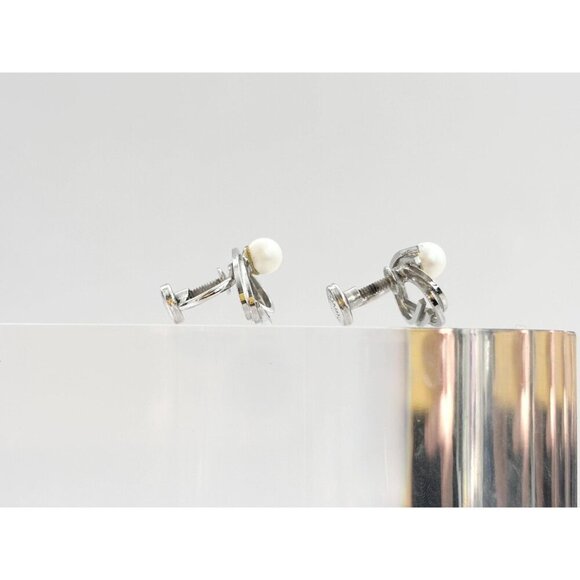 Abatract Modernist Ribbed Screw Back Sterling Faux Pearl Vintage Stud Earrings - Picture 7 of 10